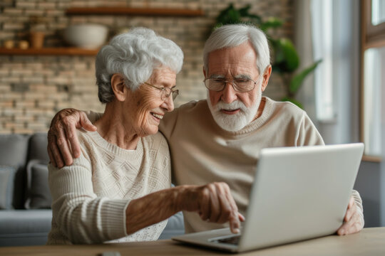 Happy family at the laptop computer. Smiling elderly senior man and woman, husband and wife