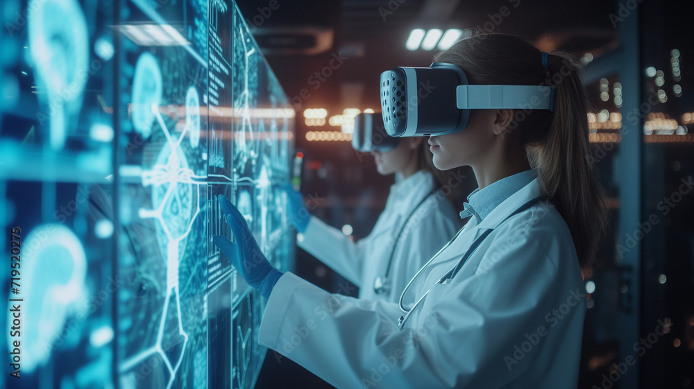 Poster future technology. dark-haired female scientist wearing virtual reality goggles while working in the