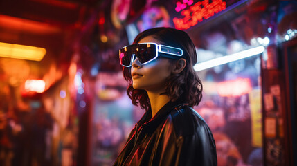 Young charming woman wearing futuristic virtual reality glasses in a neon-lit environment. Generative AI