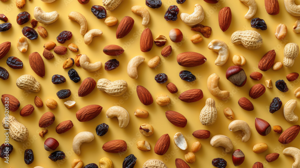 Poster simple and vibrant image featuring variety of nuts and raisins placed on yellow surface. this versat
