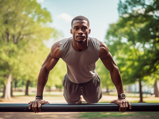Fototapeta premium Handsome athletic african american man doing calisthenics at the park, physical exercise outside 
