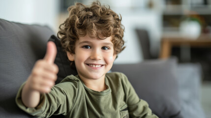 young boy with curly hair is giving a thumbs up to the camera, sporting a big smile
