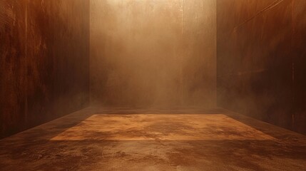 In a spacious, gloomy room with a concrete floor, a rich brown fog meanders against a chocolate brown background.