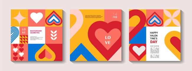 set of Valentine's Day posters, greeting card, banner, label, sale promotion template, cover in geometric style. Bauhaus. Geometric print, geometric pattern