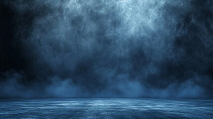abstract image of dark blue room concrete floor panoramic view of the abstract fog white cloudiness, space for product presentation ,mist or smog moves on dark blue background - obrazy, fototapety, plakaty