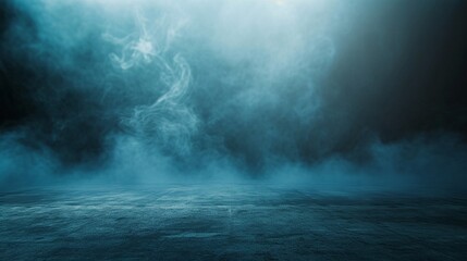 abstract image of dark blue room concrete floor panoramic view of the abstract fog white cloudiness, space for product presentation ,mist or smog moves on dark blue background