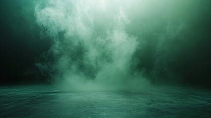 abstract image of dark green room concrete floor panoramic view of the abstract fog white cloudiness, space for product presentation ,mist or smog moves on dark green background