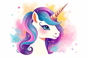 A minimalistic cartoon unicorn with colorful mane and tail, surrounded by sparkles and stars, isolated on a white solid background