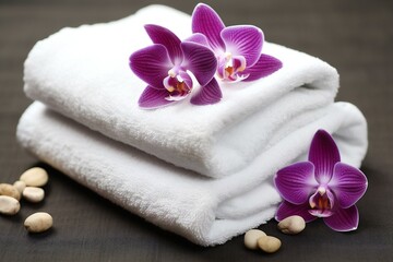 Spa towels and orchid flowers on wooden background,  Beauty treatment concept
