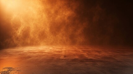 abstract image of dark orange room concrete floor panoramic view of the abstract fog white cloudiness, space for product presentation ,mist or smog moves on dark orange background - obrazy, fototapety, plakaty