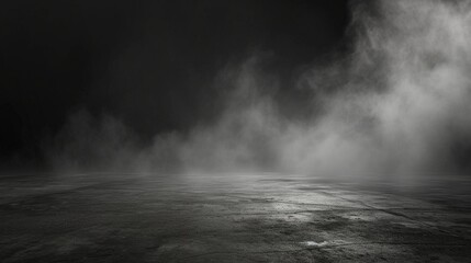 abstract image of dark room concrete floor panoramic view of the abstract fog white cloudiness, space for product presentation ,mist or smog moves on black background