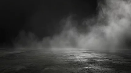 Foto op Plexiglas abstract image of dark room concrete floor panoramic view of the abstract fog white cloudiness, space for product presentation ,mist or smog moves on black background © ILOVEART