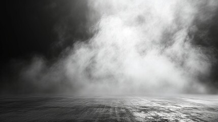 abstract image of light black room concrete floor panoramic view of the abstract fog white cloudiness, space for product presentation ,mist or smog moves on light black background - obrazy, fototapety, plakaty