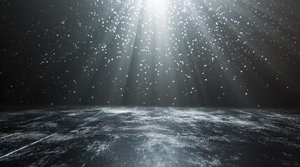 A dark room floor covered in a layer of reflective, shimmering silver mist on a light gray background.