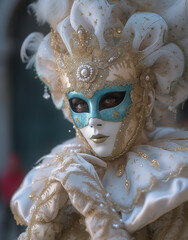 Close-Up Portrait of a Venice Carnival Mask Fashion Model