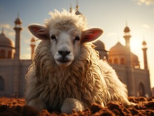 Obraz premium Beautiful lamb with old Islamic structure and a building