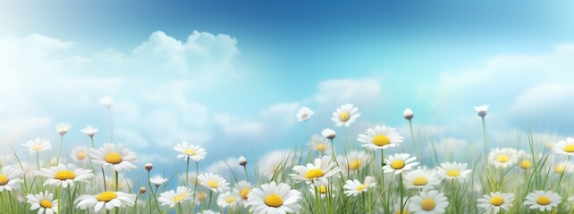 Spring beautiful chamomile field in the morning against the blue sky with space for text