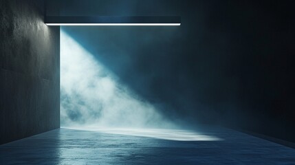 A sleek, minimalist room with a concrete floor, illuminated by a single overhead light casting dramatic shadows. Outside, a swirling mass of blue fog against a dark navy background.