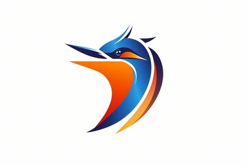 A minimalistic logo of a stylized bird in vibrant blue and orange colors. Isolated on white solid background