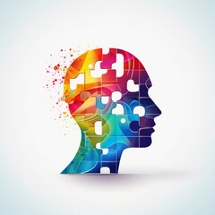 Human head profile and jigsaw puzzle, cognitive psychology or psychotherapy concept, mental health, brain problem, personality disorder, vector line design, 