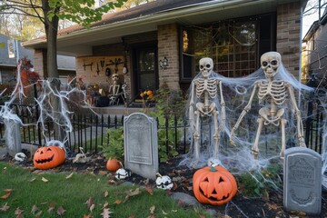 Fototapeta premium A Halloween themed front yard with cobwebs, skeletons, and tombstones