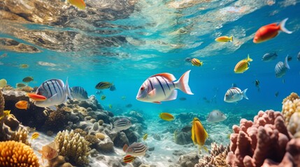 Underwater view of coral reef with fishes and corals. Tropical background