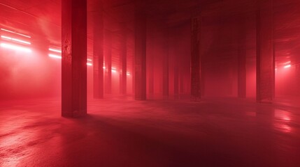 An expansive room, its concrete floor bathed in the glow of unseen lights, while a red haze of fog swirls against a crimson background.