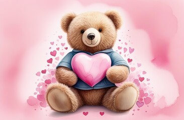 Watercolor and pencil drawing of a cute teddy bear in a blue shirt with a pink heart in its paws, decorative elements around, a soft pink blurred background