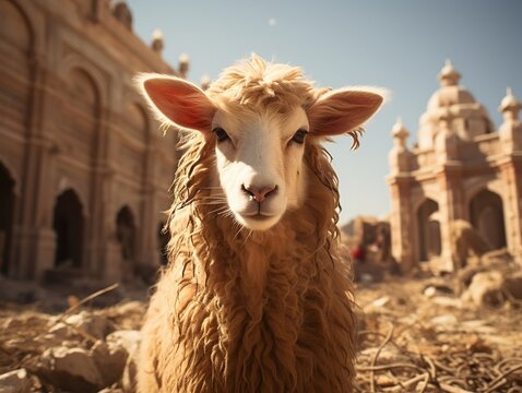 Beautiful lamb with old Islamic structure and a building