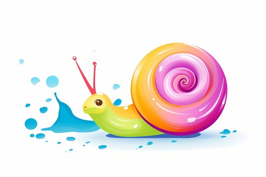 A simple, colorful cartoon snail with a spiral shell, leaving a trail of vibrant slime, isolated on a white solid background