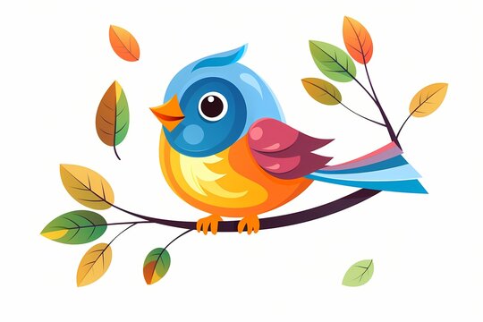 A simple, cute cartoon bird perched on a tree branch with colorful leaves, chirping happily, isolated on a white solid background