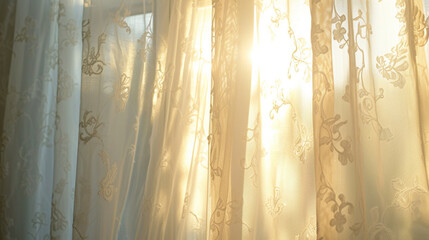 Sunlight filtering through translucent curtains, casting warm and intricate patterns on a clear, bright day
