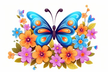 A simple, cute cartoon butterfly with colorful wings, fluttering around a bunch of flowers, isolated on a white solid background