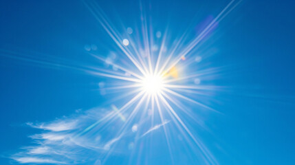 A close-up of a brilliant sunburst against a clear blue sky, radiating warmth and clarity