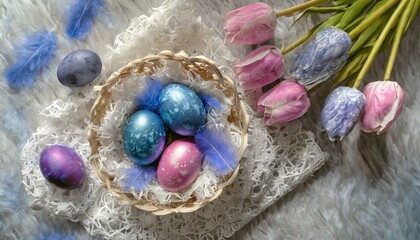 Obraz na płótnie Canvas Spring background with blue and pink Easter eggs in a basket and pink Easter eggs 