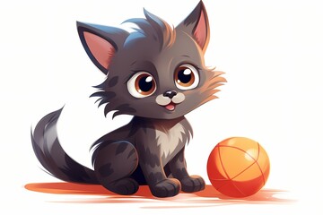 A simple, cute cartoon kitten playing with a colorful ball of yarn, with an adorable expression, isolated on a white solid background