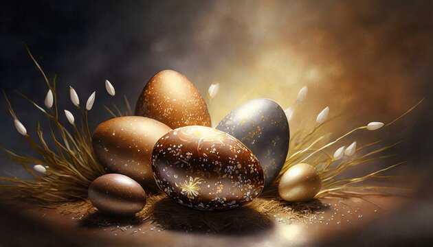 Easter background with shiny Easter eggs in shades of brown, gold and silver and catkins