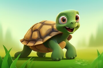 A simple, cute cartoon turtle with a colorful shell, walking on a path of green grass, isolated on a white solid background