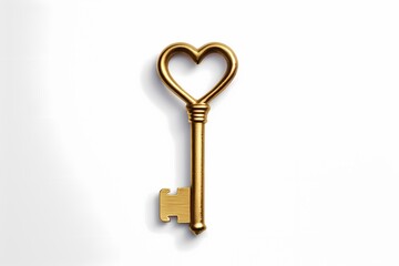 A single golden key with a heart-shaped handle isolated on a white solid background