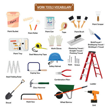 Set of work tools color vector. Icon for web, tag, label, mechanical shop, garage, repair shop, workshop. Symbol for mechanical engineering, carpentry, mechanic, engineer, carpenter, construction
