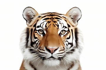 A curious orange and white tiger face isolated on white