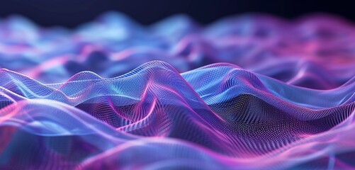 An interpretation of wireless communication waves, silk waves in gradients of blue and purple, symbolizing invisible data transfer.