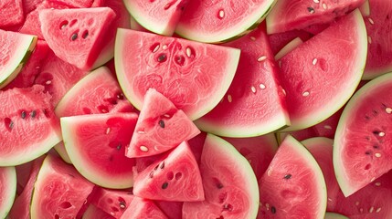 Vibrant and refreshing macro close up of juicy and freshly sliced watermelon wedges, top view