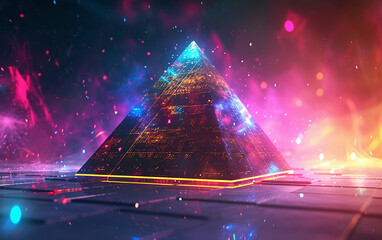 pirâmide, uma imagem colorida de fantasia com uma pirâmide, em estilo ciano escuro e âmbar, espaço infinito, inscrições em neon, - obrazy, fototapety, plakaty