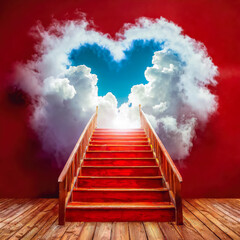 Montée d'un escalier rouge en bois vernis vers une ouverture en forme de coeur nuageux, Saint Valentin, mariage, sentiment d'amour et de romantisme	
