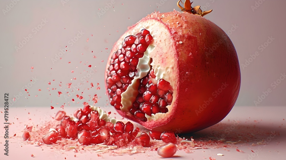 Poster fresh pomegranate bursting open with seeds scattering. vibrant colors in a dynamic still life. perfe