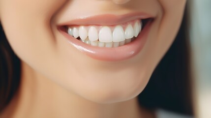 Closeup of smiling woman with healthy teeth in dental clinic, closeup