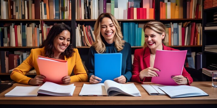 Three women smiling while studying in a library. lifelong learning and collaboration concept. AI
