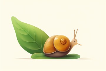 A cute snail wearing a tiny bow on its shell, surrounded by leaves, isolated on white solid background