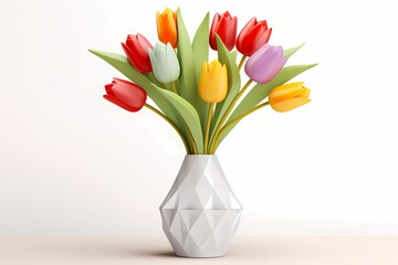 A sleek, white geometric vase holding vibrant, multicolored tulips, isolated on white solid background